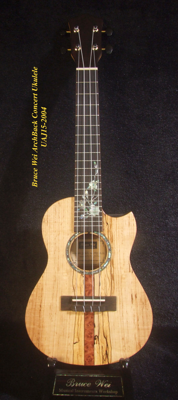 Handmade Solid Spalted Maple, Walnut Mahogany ArchBack Concert Ukulele, Koi Fish Inlay, Soft-bag, Bruce Wei UAJ15-2004
