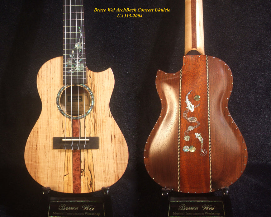 Handmade Solid Spalted Maple, Walnut Mahogany ArchBack Concert Ukulele, Koi Fish Inlay, Soft-bag, Bruce Wei UAJ15-2004