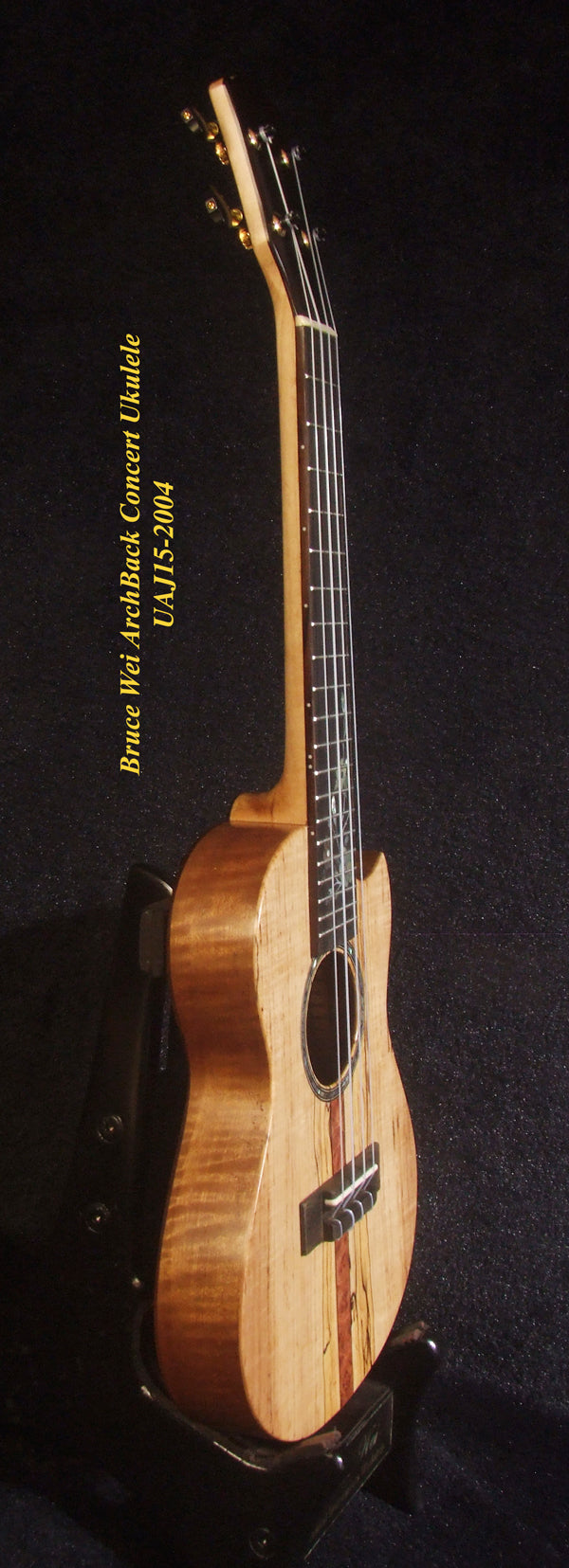 Handmade Solid Spalted Maple, Walnut Mahogany ArchBack Concert Ukulele, Koi Fish Inlay, Soft-bag, Bruce Wei UAJ15-2004