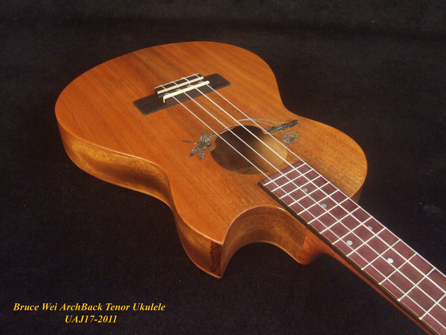 Handmade Cutaway Tenor Ukulele, Solid Mahogany, Taiwania, Archback, Lotus & Dragonfly Inlay, Soft-bag, Bruce Wei UAJ17-2011