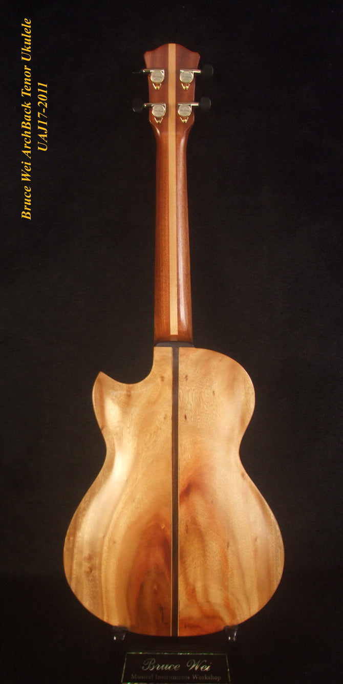Handmade Cutaway Tenor Ukulele, Solid Mahogany, Taiwania, Archback, Lotus & Dragonfly Inlay, Soft-bag, Bruce Wei UAJ17-2011