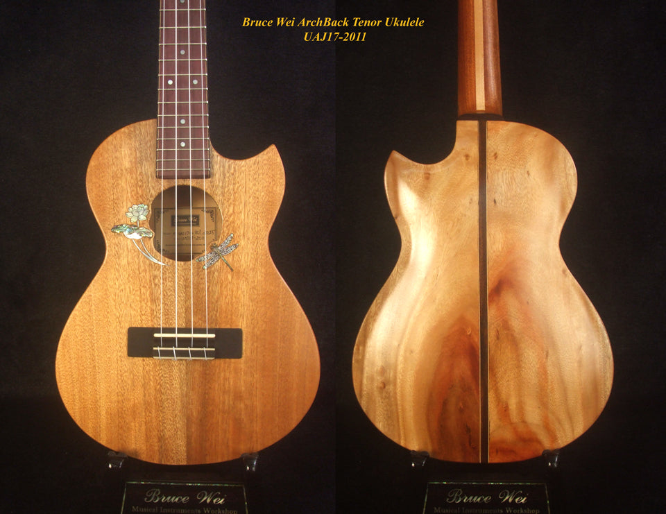 Handmade Cutaway Tenor Ukulele, Solid Mahogany, Taiwania, Archback, Lotus & Dragonfly Inlay, Soft-bag, Bruce Wei UAJ17-2011