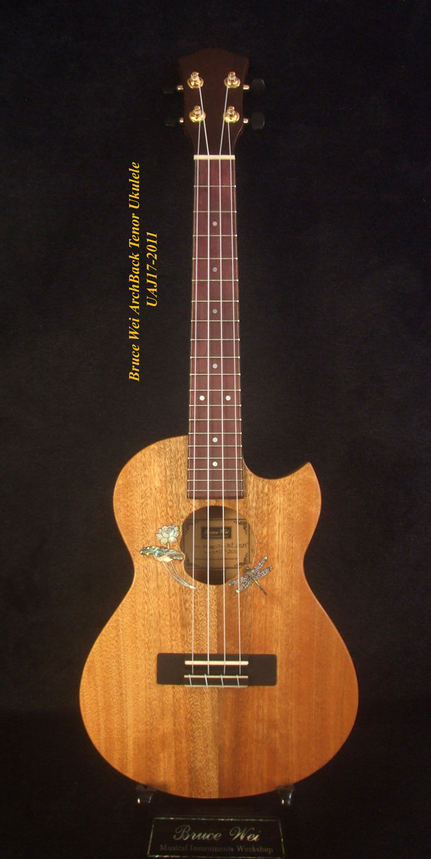 Handmade Cutaway Tenor Ukulele, Solid Mahogany, Taiwania, Archback, Lotus & Dragonfly Inlay, Soft-bag, Bruce Wei UAJ17-2011