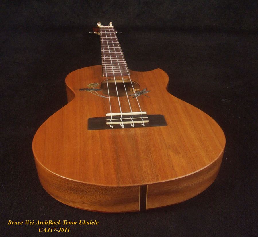 Handmade Cutaway Tenor Ukulele, Solid Mahogany, Taiwania, Archback, Lotus & Dragonfly Inlay, Soft-bag, Bruce Wei UAJ17-2011
