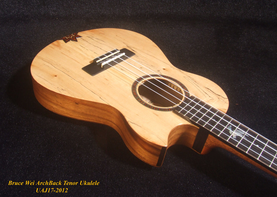 Handmade Cutaway Tenor Ukulele, Solid Spalted Maple & Curly Maple, Archback, Dove Inlay, Soft-bag, Bruce Wei UAJ17-2012