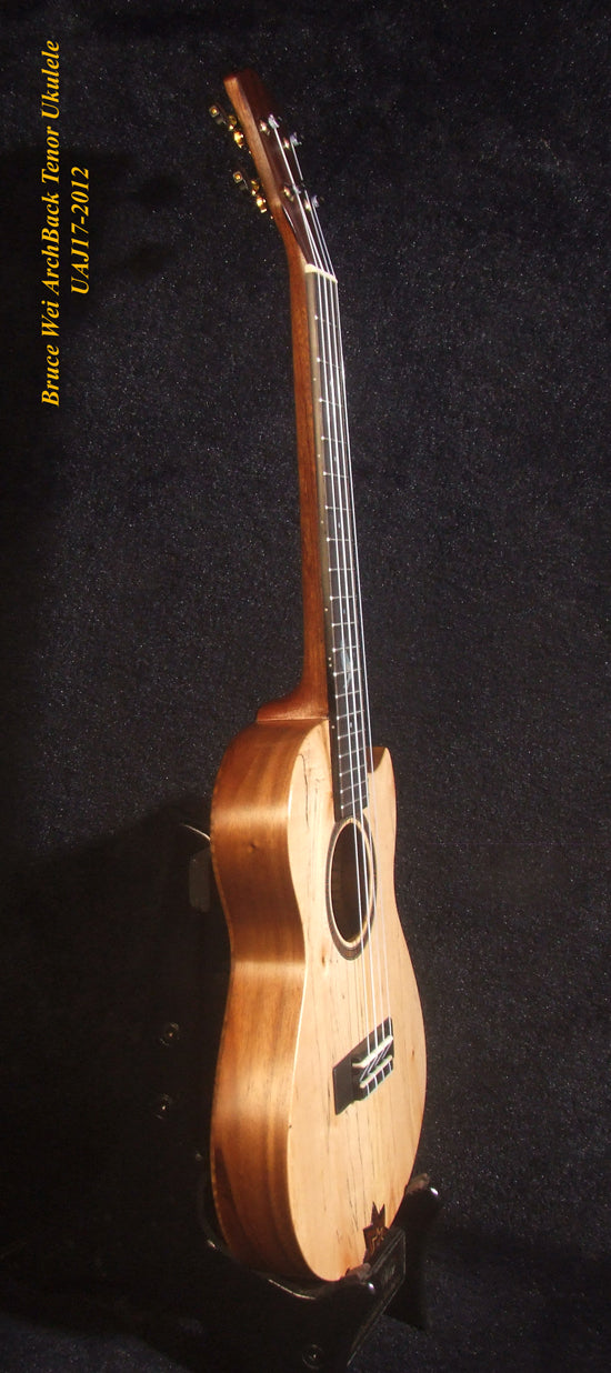Handmade Cutaway Tenor Ukulele, Solid Spalted Maple & Curly Maple, Archback, Dove Inlay, Soft-bag, Bruce Wei UAJ17-2012