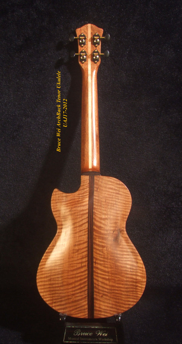 Handmade Cutaway Tenor Ukulele, Solid Spalted Maple & Curly Maple, Archback, Dove Inlay, Soft-bag, Bruce Wei UAJ17-2012