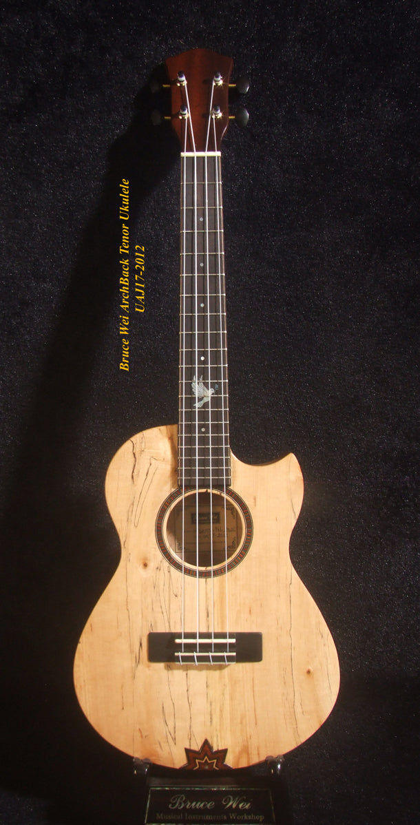 Handmade Cutaway Tenor Ukulele, Solid Spalted Maple & Curly Maple, Archback, Dove Inlay, Soft-bag, Bruce Wei UAJ17-2012