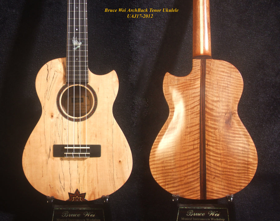 Handmade Cutaway Tenor Ukulele, Solid Spalted Maple & Curly Maple, Archback, Dove Inlay, Soft-bag, Bruce Wei UAJ17-2012