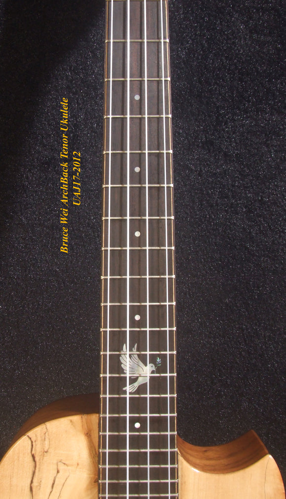 Handmade Cutaway Tenor Ukulele, Solid Spalted Maple & Curly Maple, Archback, Dove Inlay, Soft-bag, Bruce Wei UAJ17-2012