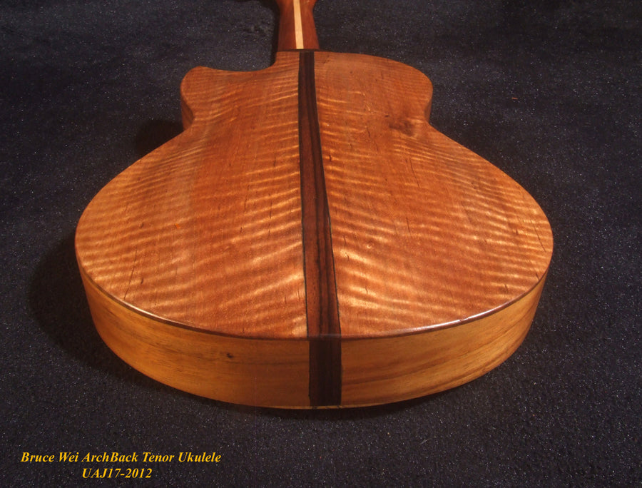 Handmade Cutaway Tenor Ukulele, Solid Spalted Maple & Curly Maple, Archback, Dove Inlay, Soft-bag, Bruce Wei UAJ17-2012