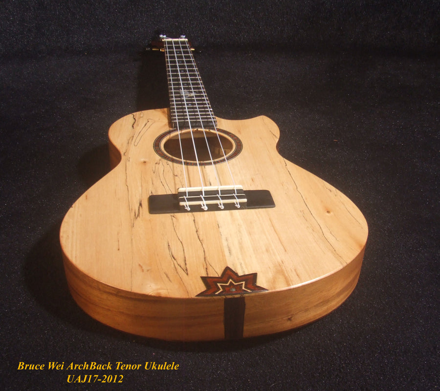 Handmade Cutaway Tenor Ukulele, Solid Spalted Maple & Curly Maple, Archback, Dove Inlay, Soft-bag, Bruce Wei UAJ17-2012