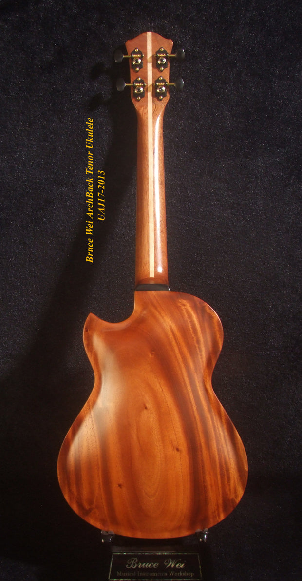 Handmade Cutaway Tenor Ukulele, Solid Acacia, Archback, Dog Inlay, Soft-bag, Bruce Wei UAJ17-2013