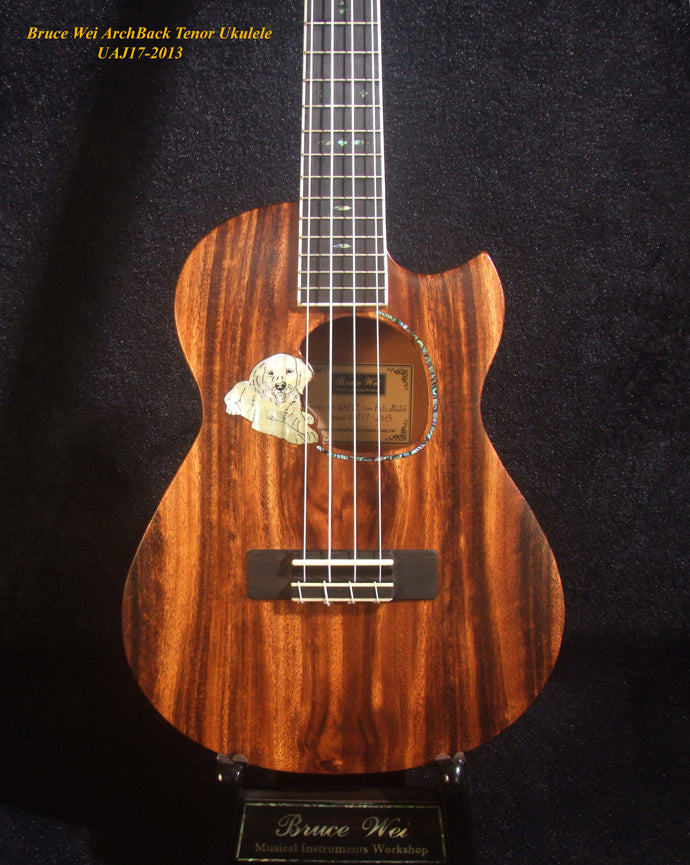 Handmade Cutaway Tenor Ukulele, Solid Acacia, Archback, Dog Inlay, Soft-bag, Bruce Wei UAJ17-2013