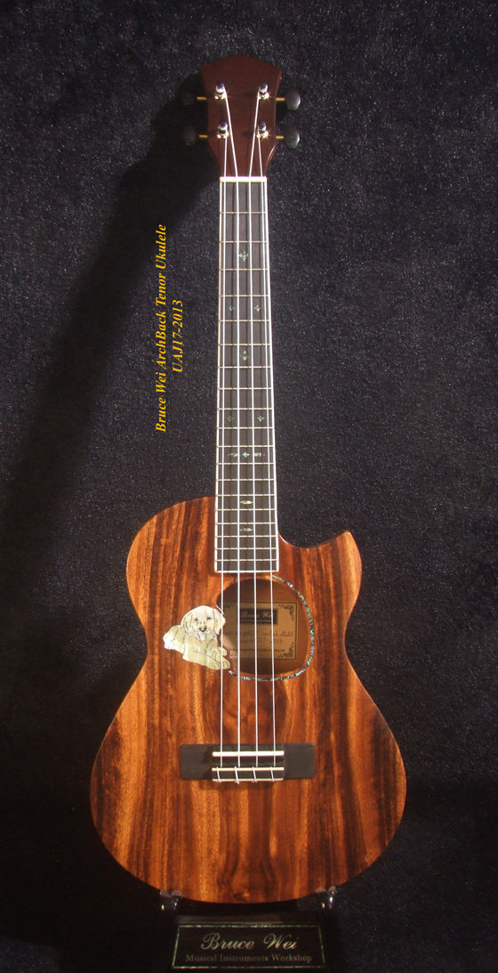 Handmade Cutaway Tenor Ukulele, Solid Acacia, Archback, Dog Inlay, Soft-bag, Bruce Wei UAJ17-2013
