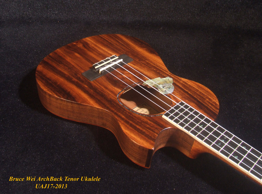 Handmade Cutaway Tenor Ukulele, Solid Acacia, Archback, Dog Inlay, Soft-bag, Bruce Wei UAJ17-2013