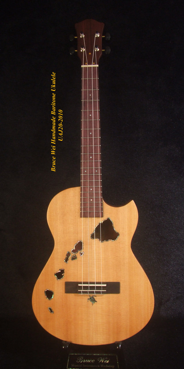 Handcrafted Cutaway Baritone Ukulele, Solid Spruce, Curly Rosewood, The Islands Soundhole, Soft-bag, Bruce Wei UAJ20-2010