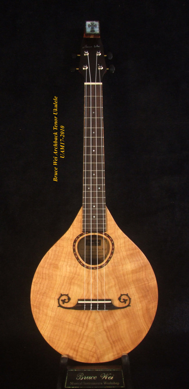 Handmade Tenor Ukulele, ArchBack, Solid Hinoki, Acacia, Curved Head, Soft-bag, Bruce Wei UAM17-2010