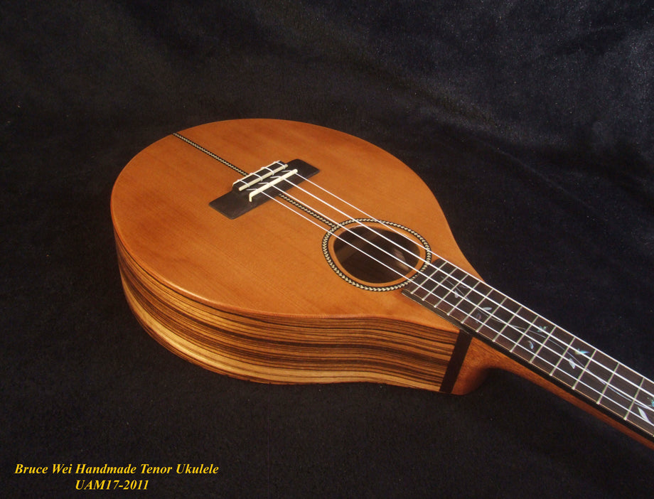 Handmade Tenor Ukulele, Solid Spruce, Zebra wood, MOP Vine Inlay, Soft-bag, Bruce Wei UAM17-2011