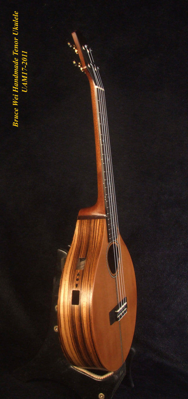 Handmade Tenor Ukulele, Solid Spruce, Zebra wood, MOP Vine Inlay, Soft-bag, Bruce Wei UAM17-2011