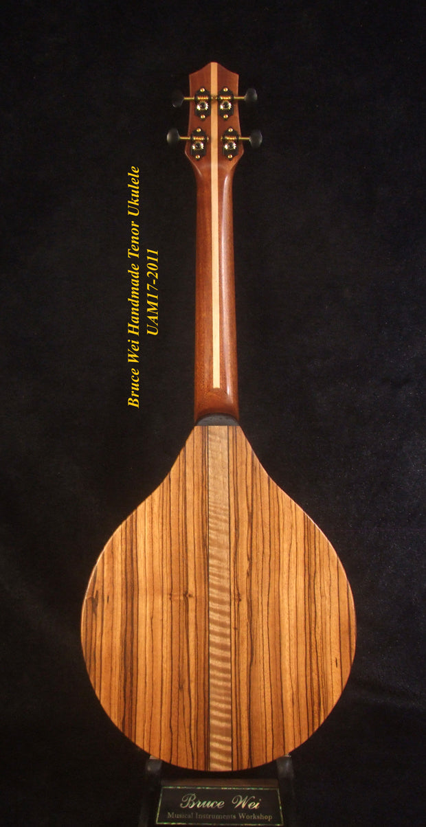 Handmade Tenor Ukulele, Solid Spruce, Zebra wood, MOP Vine Inlay, Soft-bag, Bruce Wei UAM17-2011