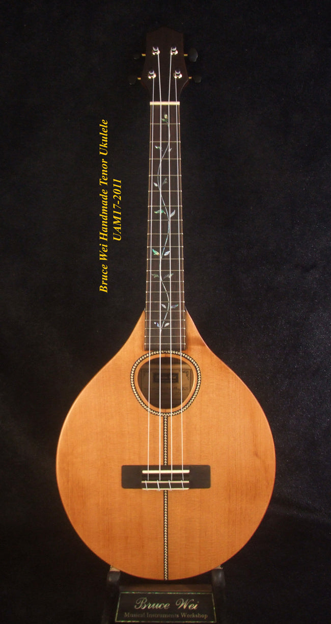 Handmade Tenor Ukulele, Solid Spruce, Zebra wood, MOP Vine Inlay, Soft-bag, Bruce Wei UAM17-2011
