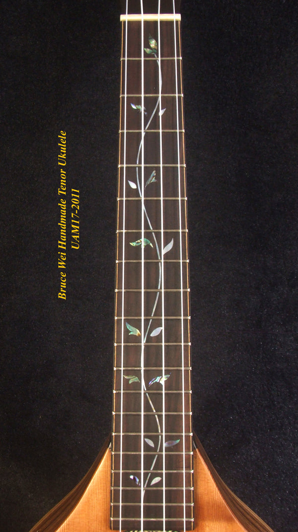 Handmade Tenor Ukulele, Solid Spruce, Zebra wood, MOP Vine Inlay, Soft-bag, Bruce Wei UAM17-2011