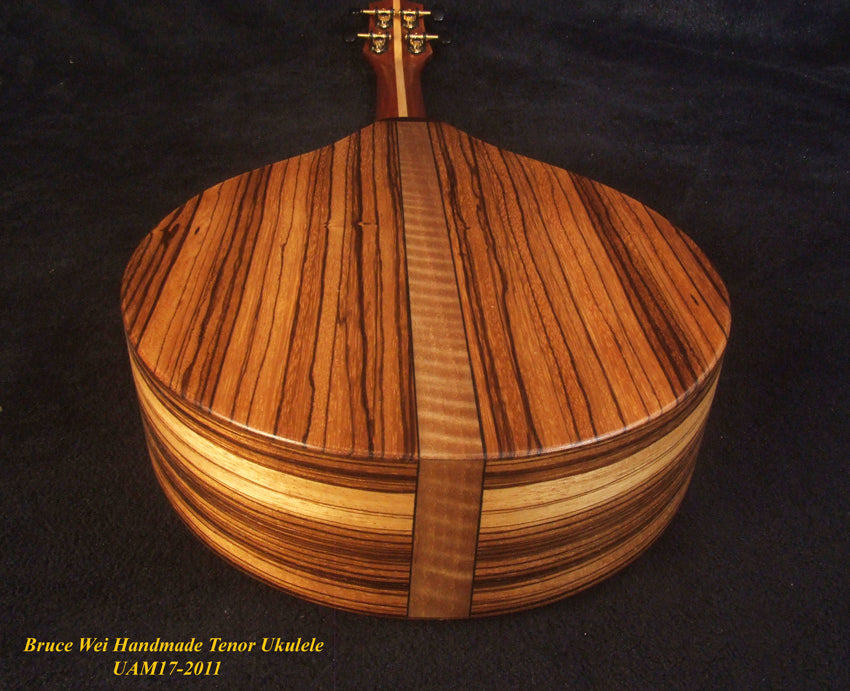 Handmade Tenor Ukulele, Solid Spruce, Zebra wood, MOP Vine Inlay, Soft-bag, Bruce Wei UAM17-2011