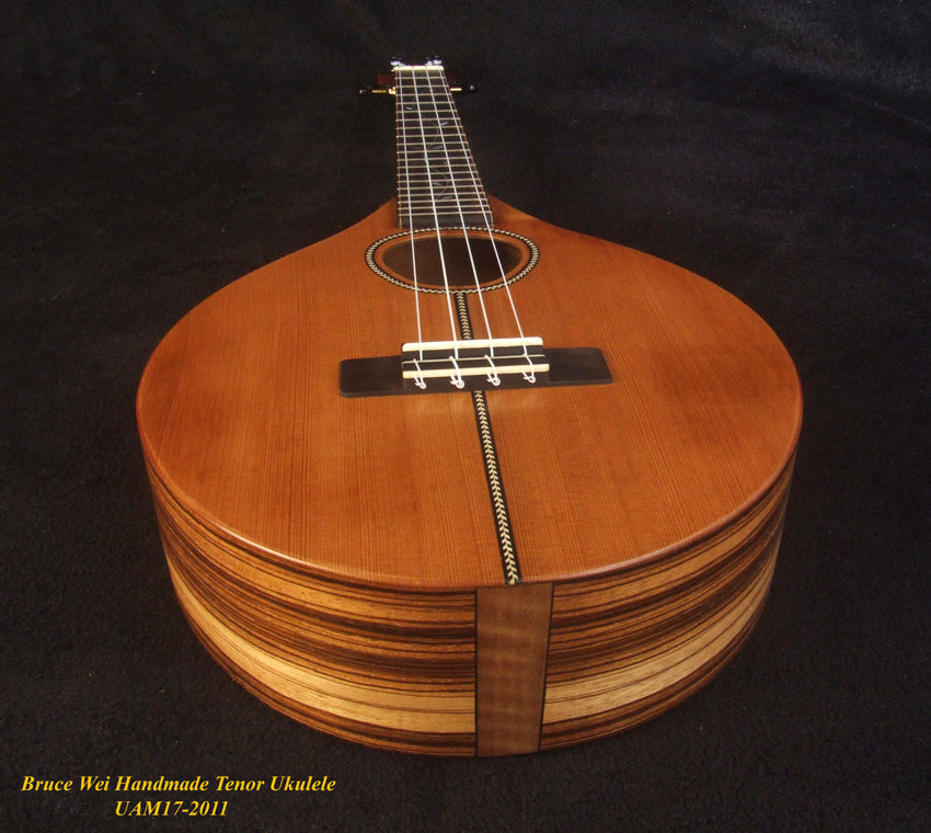Handmade Tenor Ukulele, Solid Spruce, Zebra wood, MOP Vine Inlay, Soft-bag, Bruce Wei UAM17-2011