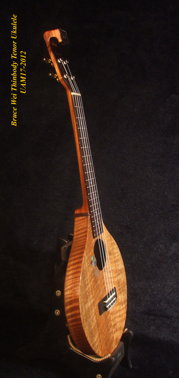 Handmade Thin Body Tenor Ukulele, Solid Mango, Walnut, ArchBack, Curved Head, Abalone MOP Inlay, Soft-bag, Bruce Wei UAM17-2012