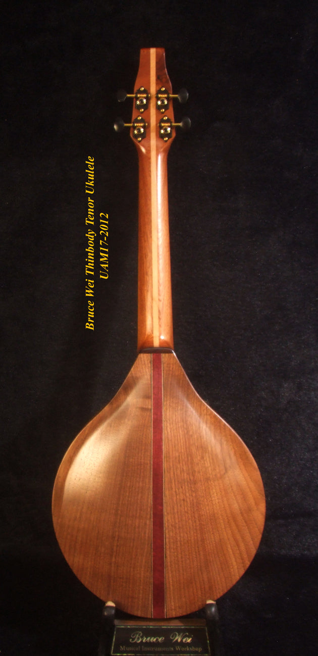 Handmade Thin Body Tenor Ukulele, Solid Mango, Walnut, ArchBack, Curved Head, Abalone MOP Inlay, Soft-bag, Bruce Wei UAM17-2012