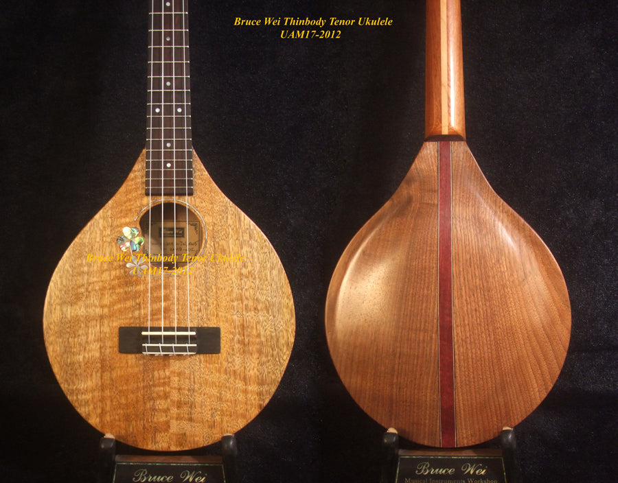 Handmade Thin Body Tenor Ukulele, Solid Mango, Walnut, ArchBack, Curved Head, Abalone MOP Inlay, Soft-bag, Bruce Wei UAM17-2012