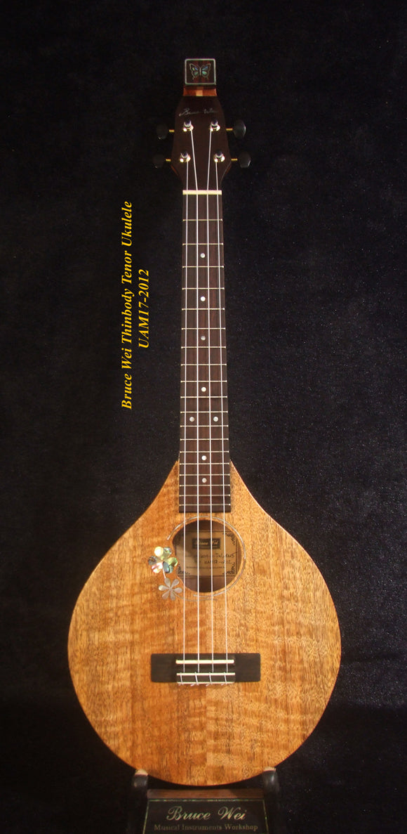 Handmade Thin Body Tenor Ukulele, Solid Mango, Walnut, ArchBack, Curved Head, Abalone MOP Inlay, Soft-bag, Bruce Wei UAM17-2012