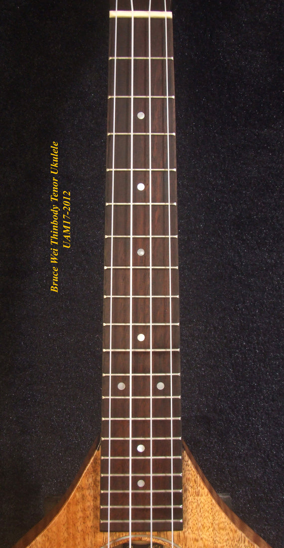 Handmade Thin Body Tenor Ukulele, Solid Mango, Walnut, ArchBack, Curved Head, Abalone MOP Inlay, Soft-bag, Bruce Wei UAM17-2012