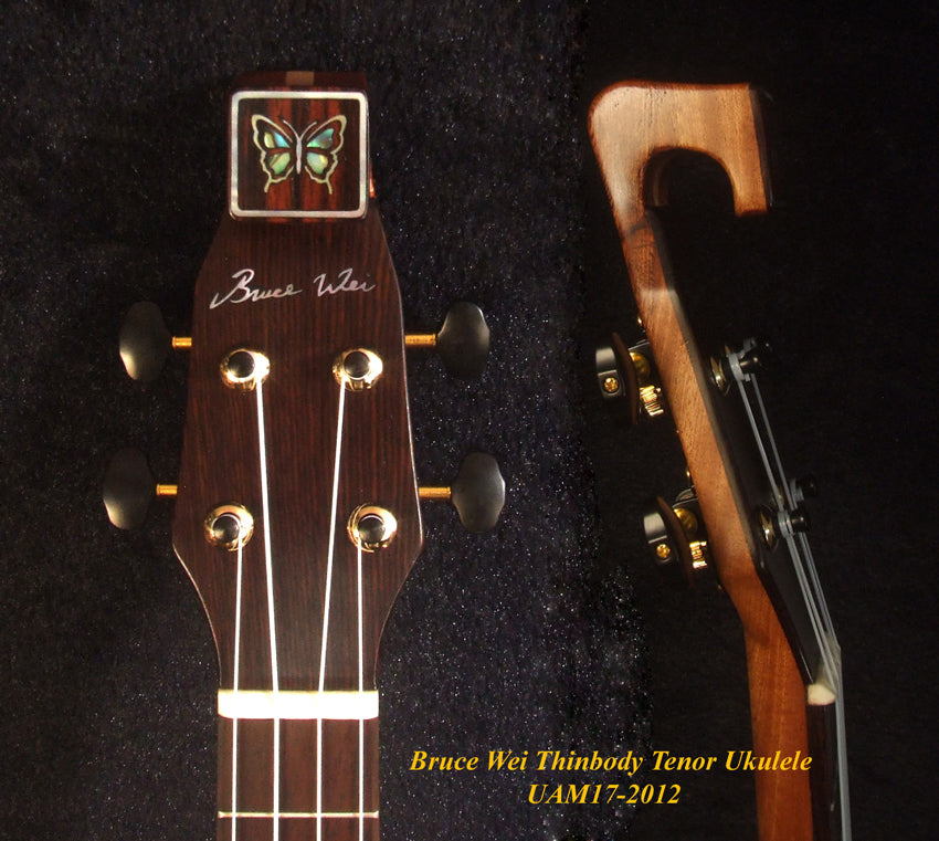 Handmade Thin Body Tenor Ukulele, Solid Mango, Walnut, ArchBack, Curved Head, Abalone MOP Inlay, Soft-bag, Bruce Wei UAM17-2012