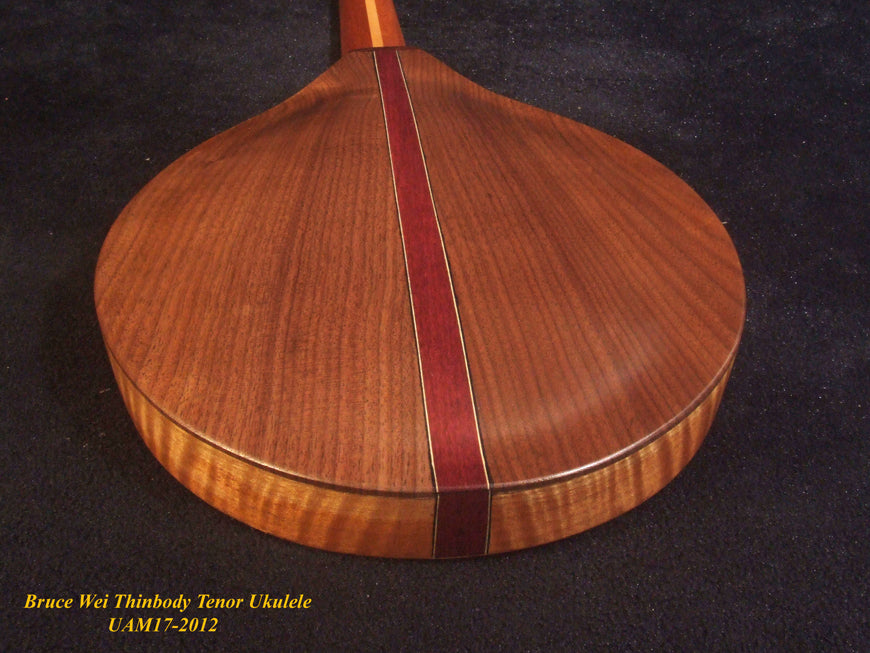 Handmade Thin Body Tenor Ukulele, Solid Mango, Walnut, ArchBack, Curved Head, Abalone MOP Inlay, Soft-bag, Bruce Wei UAM17-2012
