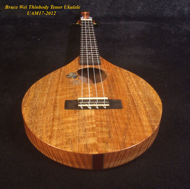 Handmade Thin Body Tenor Ukulele, Solid Mango, Walnut, ArchBack, Curved Head, Abalone MOP Inlay, Soft-bag, Bruce Wei UAM17-2012