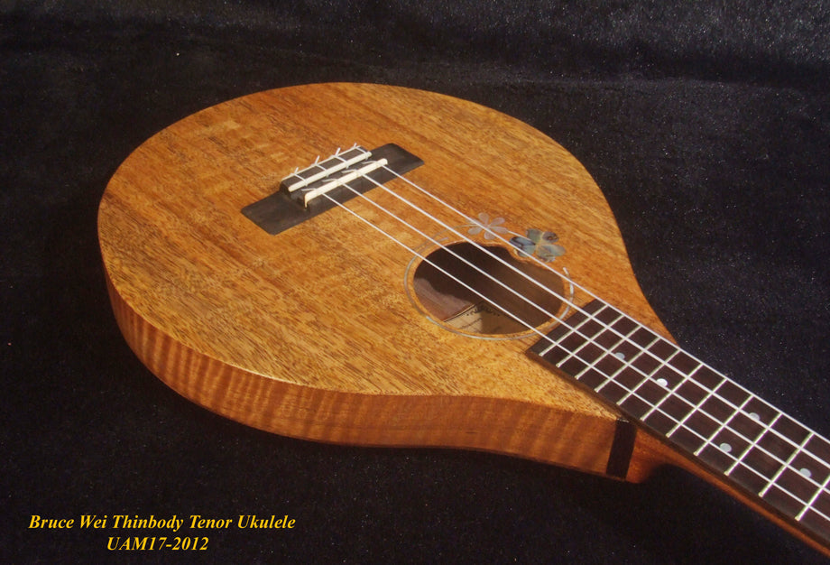 Handmade Thin Body Tenor Ukulele, Solid Mango, Walnut, ArchBack, Curved Head, Abalone MOP Inlay, Soft-bag, Bruce Wei UAM17-2012