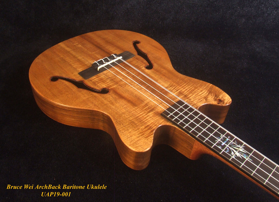 Handcrafted 5 String Baritone Ukulele, Curly Mango, Acacia ArchBack, MOP Inlay, Soft-bag, Bruce Wei UAP19-001