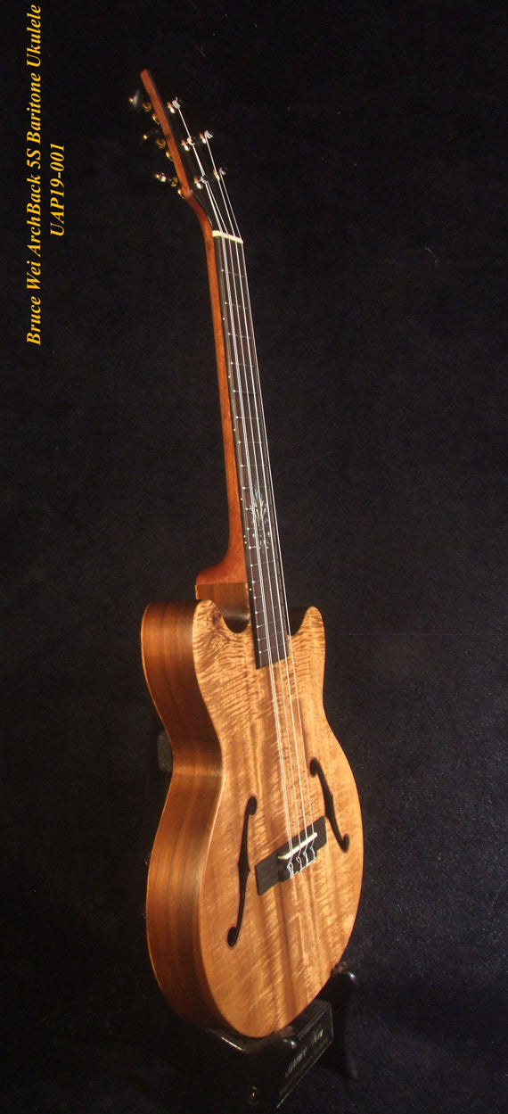 Handcrafted 5 String Baritone Ukulele, Curly Mango, Acacia ArchBack, MOP Inlay, Soft-bag, Bruce Wei UAP19-001