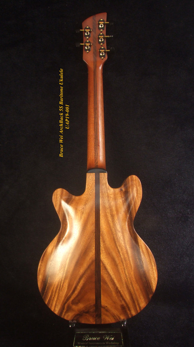 Handcrafted 5 String Baritone Ukulele, Curly Mango, Acacia ArchBack, MOP Inlay, Soft-bag, Bruce Wei UAP19-001