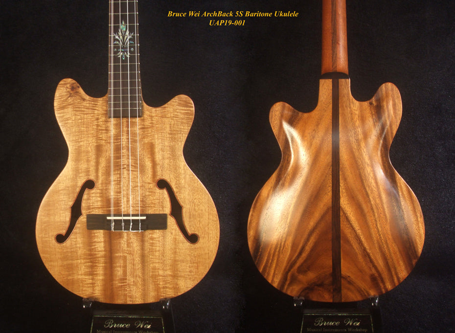 Handcrafted 5 String Baritone Ukulele, Curly Mango, Acacia ArchBack, MOP Inlay, Soft-bag, Bruce Wei UAP19-001