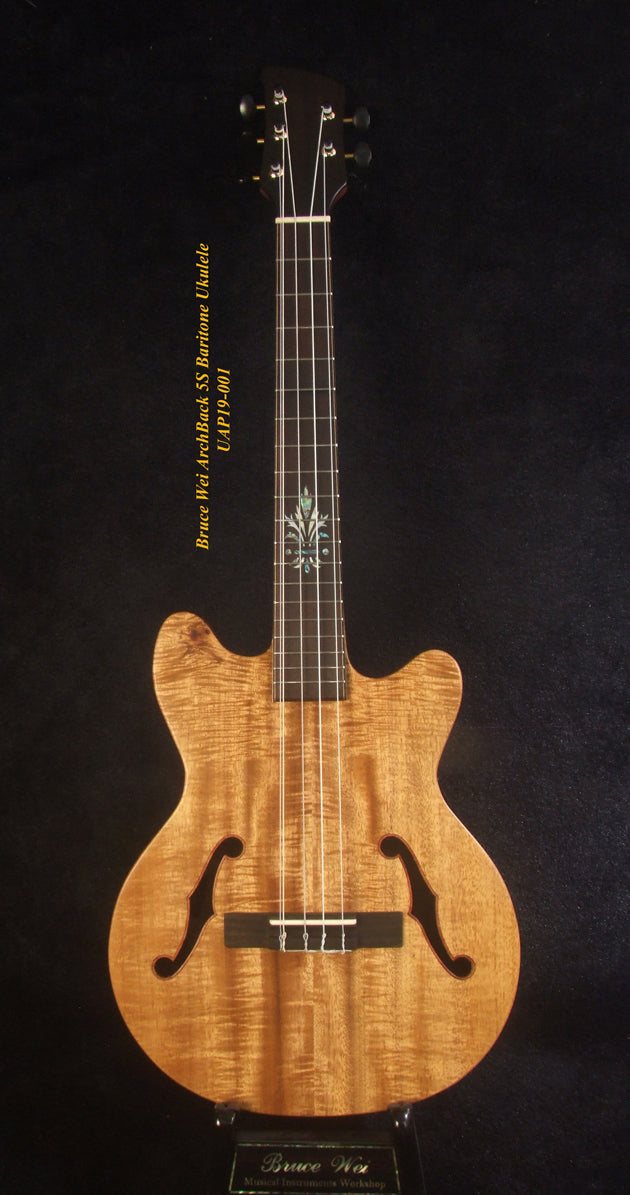 Handcrafted 5 String Baritone Ukulele, Curly Mango, Acacia ArchBack, MOP Inlay, Soft-bag, Bruce Wei UAP19-001