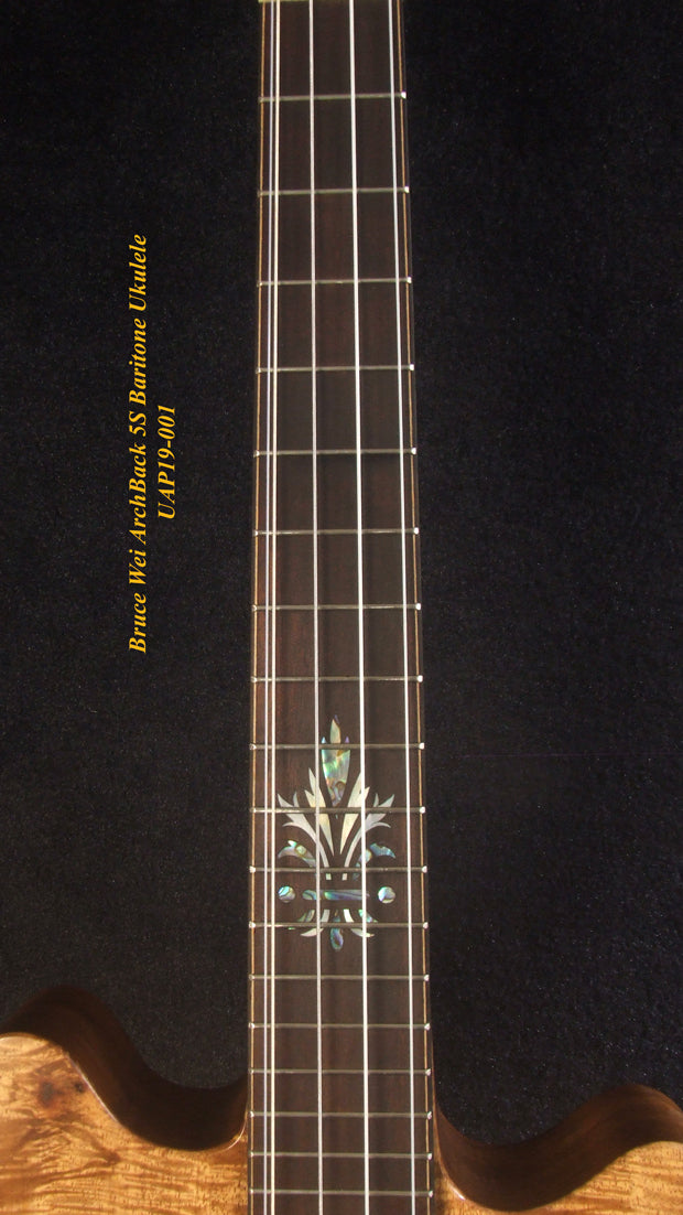 Handcrafted 5 String Baritone Ukulele, Curly Mango, Acacia ArchBack, MOP Inlay, Soft-bag, Bruce Wei UAP19-001