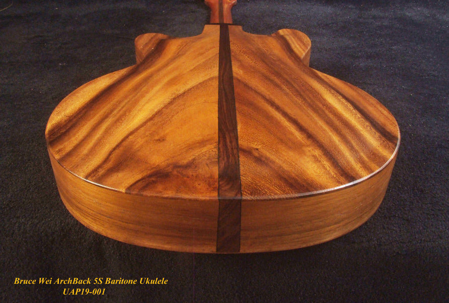 Handcrafted 5 String Baritone Ukulele, Curly Mango, Acacia ArchBack, MOP Inlay, Soft-bag, Bruce Wei UAP19-001