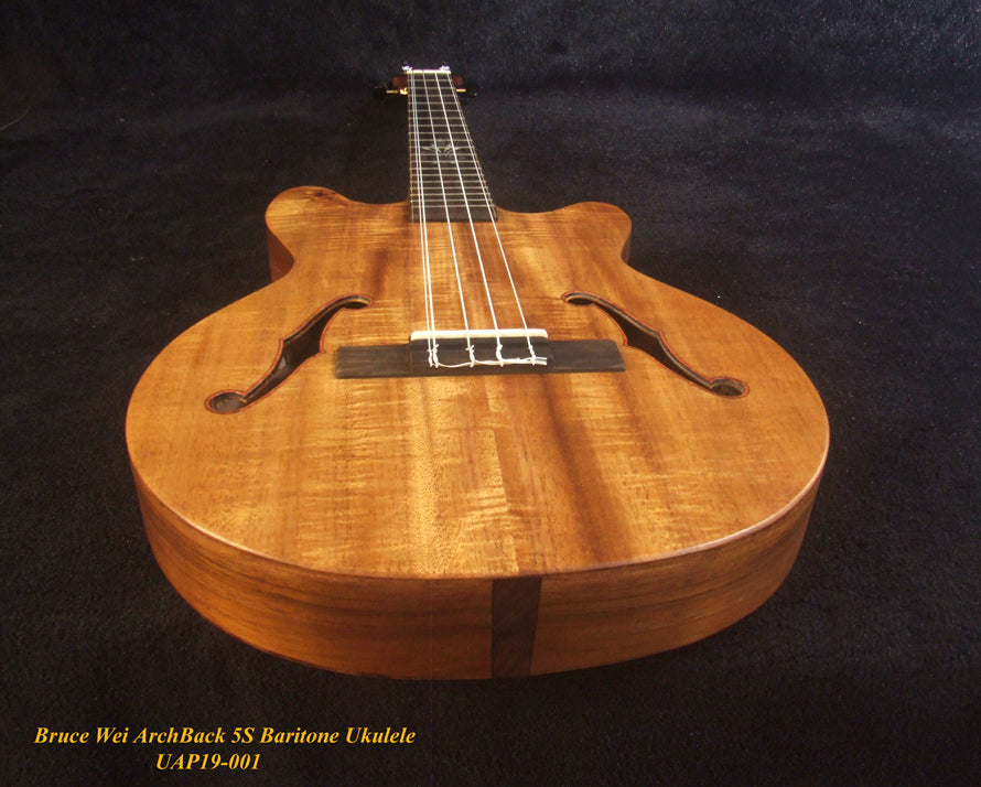Handcrafted 5 String Baritone Ukulele, Curly Mango, Acacia ArchBack, MOP Inlay, Soft-bag, Bruce Wei UAP19-001