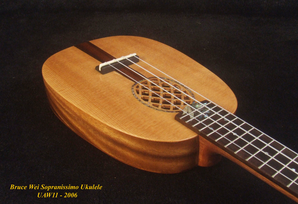 Handmade Pineapple Sopranissimo/ Pocket Ukulele, Carved Archback Solid Spruce, Acacia, Abalone Inlay, Soft-bag, Bruce Wei UAW11-2006