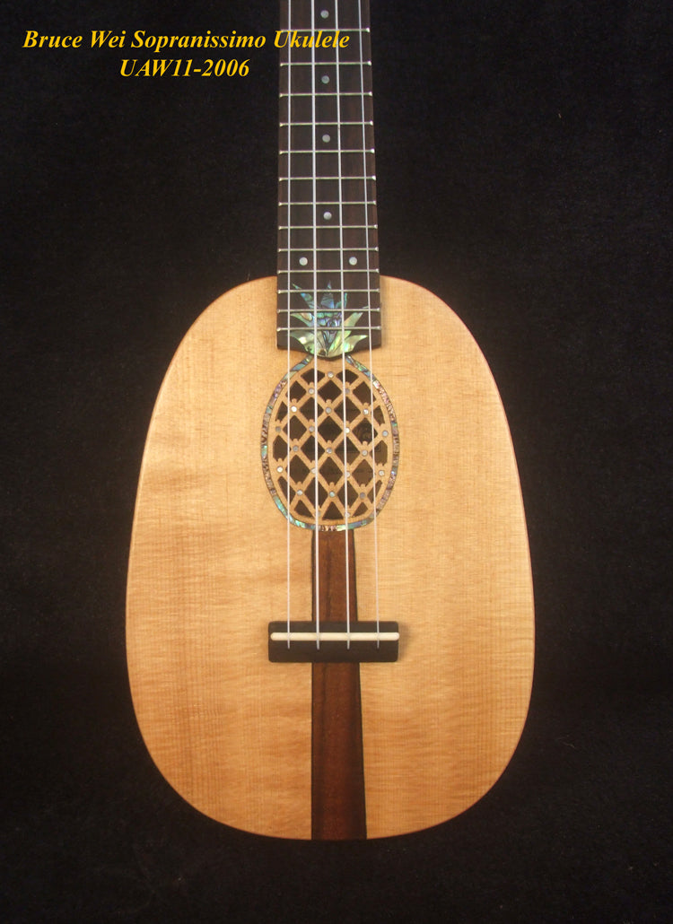 Handmade Pineapple Sopranissimo/ Pocket Ukulele, Carved Archback Solid Spruce, Acacia, Abalone Inlay, Soft-bag, Bruce Wei UAW11-2006