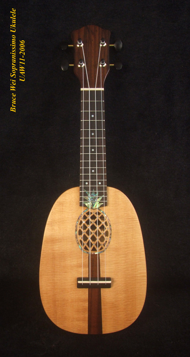 Handmade Pineapple Sopranissimo/ Pocket Ukulele, Carved Archback Solid Spruce, Acacia, Abalone Inlay, Soft-bag, Bruce Wei UAW11-2006