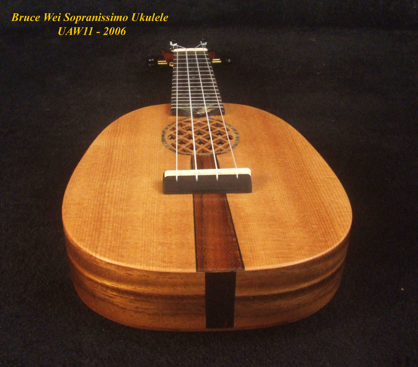 Handmade Pineapple Sopranissimo/ Pocket Ukulele, Carved Archback Solid Spruce, Acacia, Abalone Inlay, Soft-bag, Bruce Wei UAW11-2006